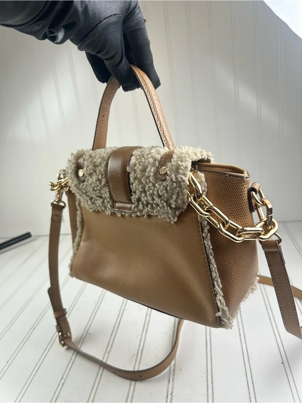 Anne Klein Vintage Y2K Mixed Media Sherpa Crossbody Satchel Brown Pearl Accent - Picture 12 of 15